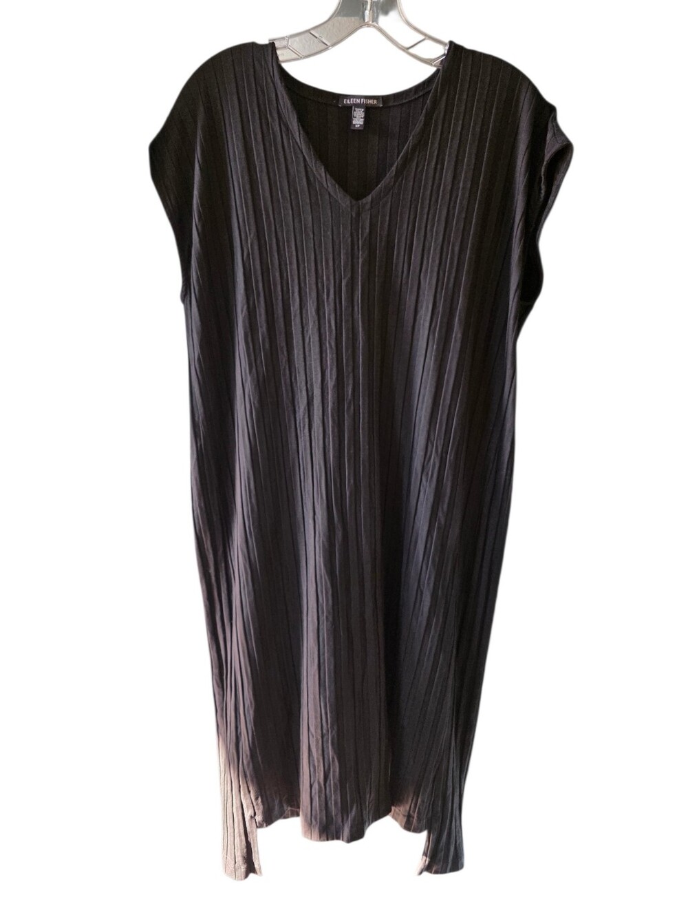 Eileen Fisher Black Ribbed Knit V-Neck Midi Dress with Hi Lo Hemline Size Small